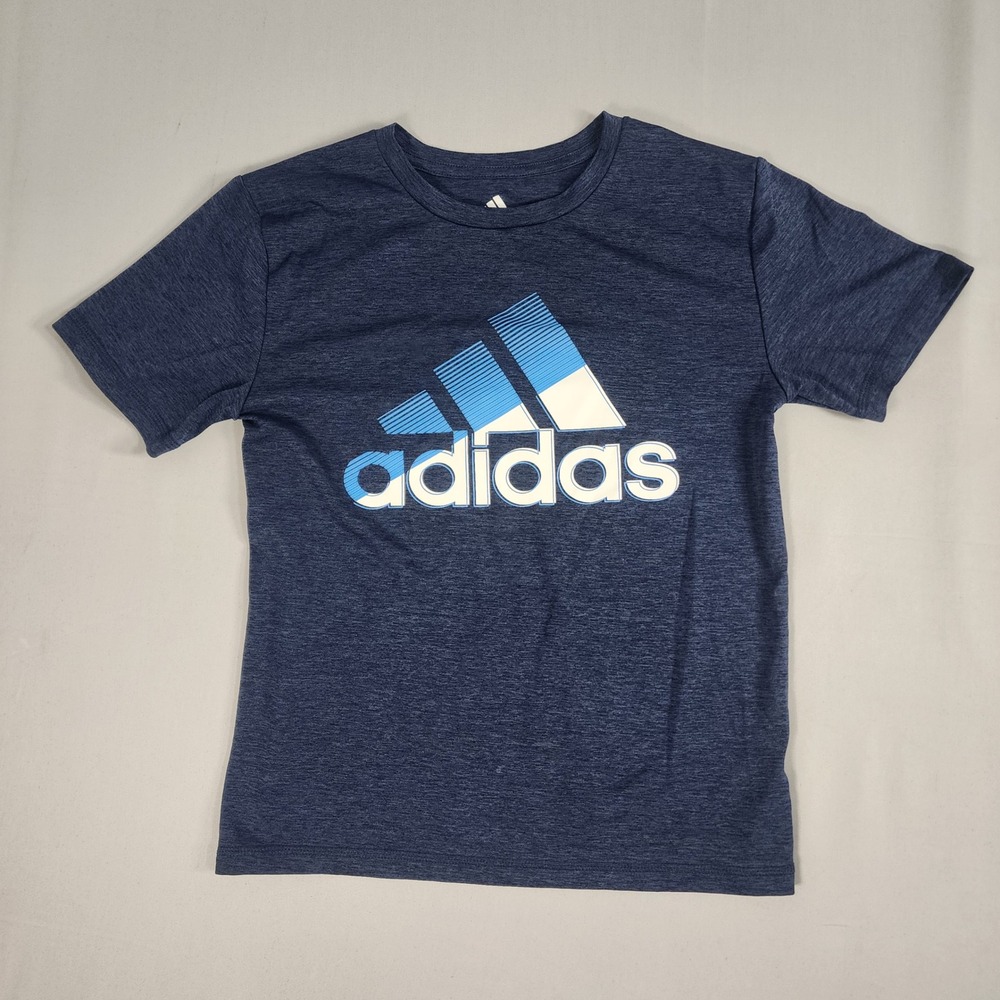 Adidas T-Shirt Boys Size S (8) Navy Blue Excellent Graphic Logo Activewear